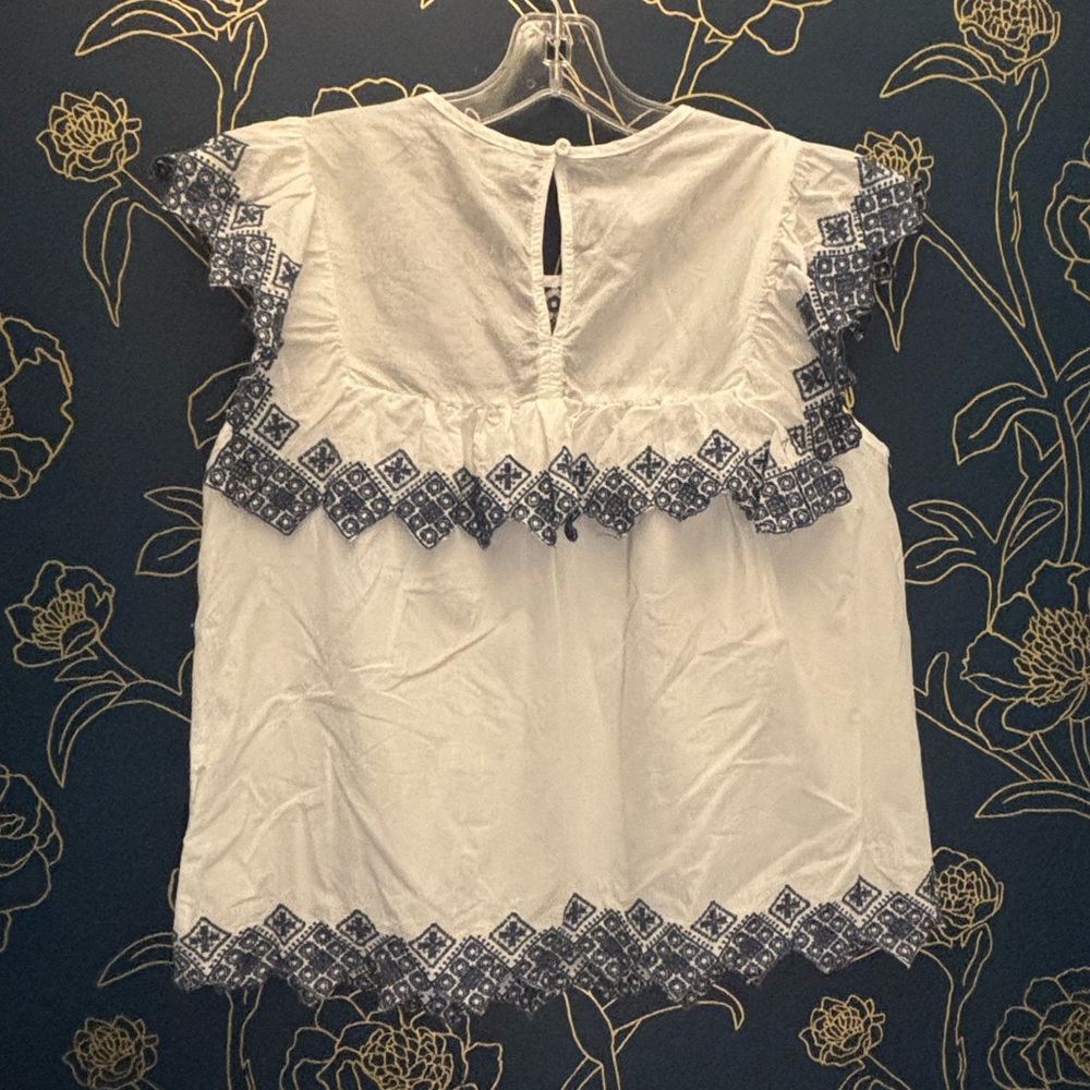 JENNIFER & GRACE embroidered SLEEVELESS  cotton RUFFLE top LARGE white/blue - Picture 3 of 6